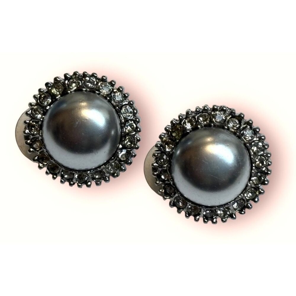 St. John  Vintage Gray Faux Pearl Crystal Rhinestone Clip on Earrings GORGEOUS!!